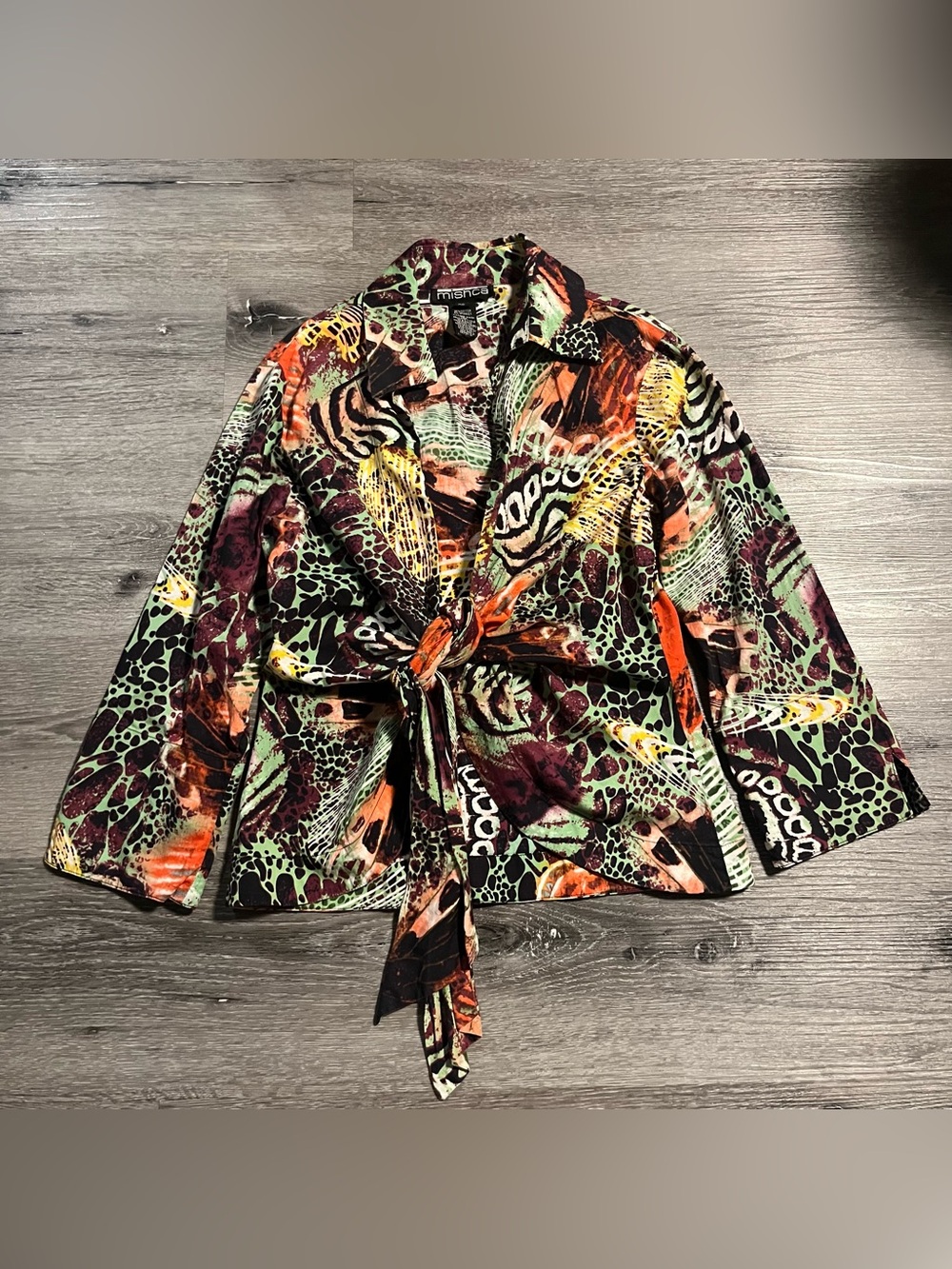 Y2K/00s Multicolor Mixed Print Mishca Tie Waist Top Small Petite Frutiger Aero